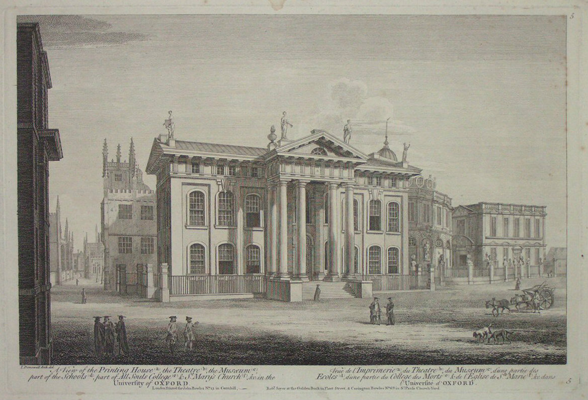 Print - View of the Printing House, the Theatre, the Museum, part of the Schools, part of All Souls College, St Mary's Church, &c. in the University of Oxford. - Woollett